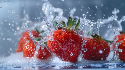 Red vibrant strawberries in water splash