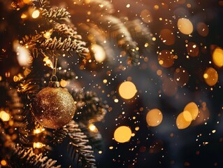 Wall Mural - enchanting holiday scene with sparkling gold garland and magical dust particles floating against a deep rich background soft focus creates a dreamy festive atmosphere