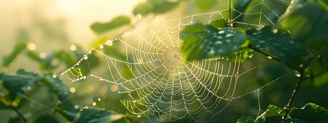 Dew-covered spider web hanging in the morning sunlight, creating an ethereal and magical backdrop for various outdoor activities. The dewdrops glisten on each strand of silk, adding to its enchanting 