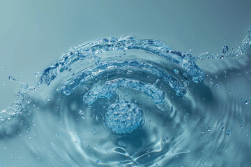 Poster - A simple line animation where the Wi-Fi signal waves turn into flowing water droplets on a light blue background,
