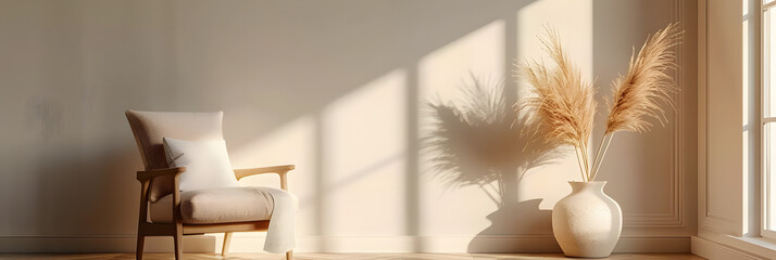 Wall Mural - soft armchair and a vase with dry grass in empty room in morning light minimalist modern living room interior background scandinavian style empty wall mockup