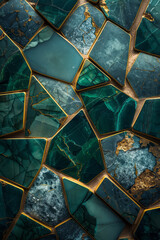 Poster - Silver geometric shapes intersecting with gold lines on a dark green marble background,