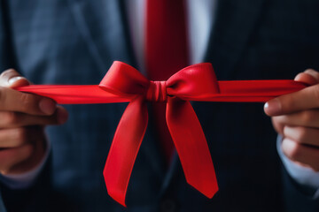 A man is holding a red ribbon in his hand