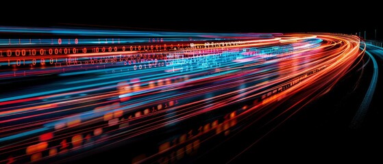 Blur of car headlights motion, lighting speed effect, interwoven with computing code