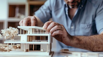 Architect designer at work. A man is studying a detailed 3d model of a building in digital projection displayed on the surface of a table. The impression of realistic design is created. Illustration.