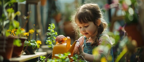 The nurturing spirit of a little girl is showcased as she lovingly waters and tends to plants