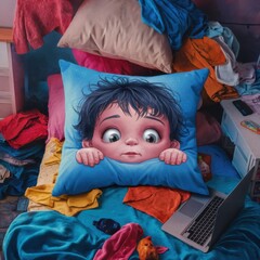 Sticker - A pillow with a face of an infant on it sitting next to laptop, AI