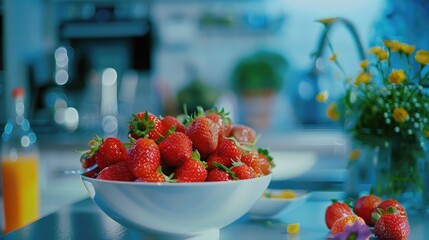 A bowl of fresh strawberries sitting on a table, perfect for a snack or dessert