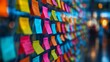 © atipong - Sticky Note Post It Board Office. Business people meeting at office and use post it notes to share idea. Brainstorming concept. Sticky note on glass wall or blackboard. Set of colorful blank notes.