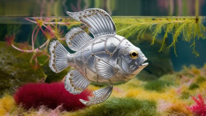 Sticker - A silver fish swimming in a tank with plants and rocks, AI