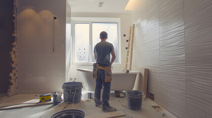 a man working on remodeling a bathroom, bright and modern