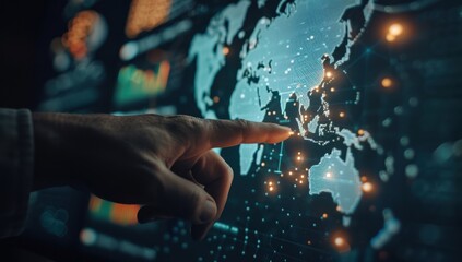 Wall Mural - A hand is pointing at a digital screen with a global map and financial graphs, illustrating the concept of smart business planning for international growth in global trade Generative AI