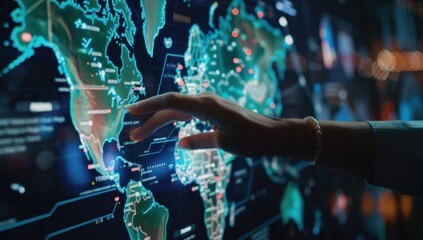 Wall Mural - Hand touching digital screen with global map and business data, showing interconnectedness of world trade in the modern global era Generative AI