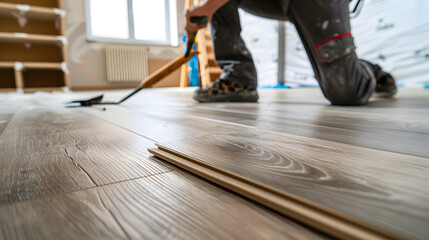 Wide shot A Construction worker installing a new laminate flooring