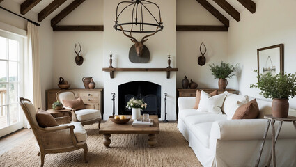 Spacious living room with white sofa with brown throw pillows, two white armchairs, large wooden coffee table