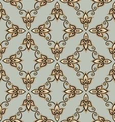 Wall Mural - Arabesque floral seamless pattern. Flourish ornamental texture in classical interior decor style. Floral tile background. Fantastic flowers and leaves. Wonderland motives of stylish damask patterns.