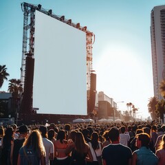 A lively city music festival with concertgoers and a vertical blank white screen billboard mock-up. full ultra HD, high resolution.