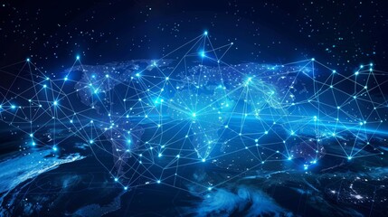 Poster - Blue Earth map surrounded by shimmering blue shapes, representing global connections and technology's advancements.