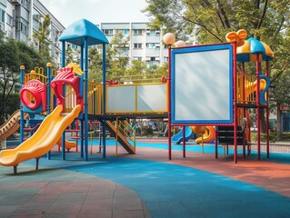 A colorful urban park with playground equipment and a vertical blank white screen billboard mock-up, all in stunning full ultra HD resolution.