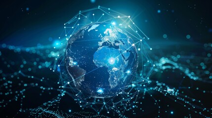 Poster - Blue Earth map surrounded by shimmering blue shapes, representing global connections and technology's advancements.