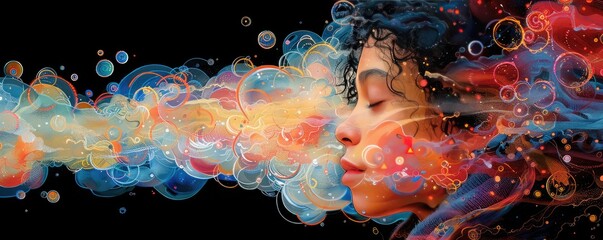 Wall Mural - Surreal artwork of a person dreaming, biochemical symbols floating around, representing the interplay of mind and sleep