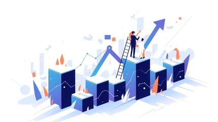 Wall Mural - Wooden blocks, upward arrow and growth chart, businessman climbing ladder, white background, flat design illustration