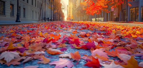 A city road blanketed with fallen leaves, showcasing a serene autumn scene. The leaves, in shades of red, orange, and yellow, carpet the pavement, creating a picturesque contrast against the urban bac