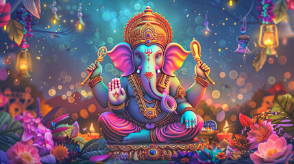 Ganesh Chaturthi background banner, illustration of a large colorful Lord Ganesha statue in the center with flower and lantern decorations, Ai generated Images