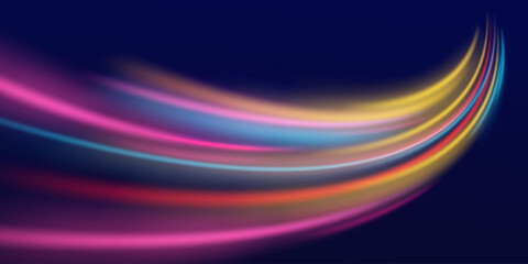 Poster - Light motion trails. High speed effect motion blur night lights in blue and red colors, abstract flash perspective road glow streaks long time exposure vector set on transparent background