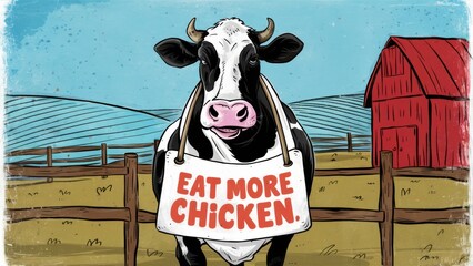 Wall Mural - A cow with a sign that reads eat more chicken in front of a barn, AI