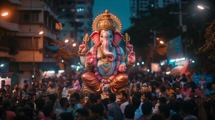 Ganesh Chaturthi festival, large colorful statue of Lord Ganesha amidst crowds of people praying and celebrating, Ai generated Images