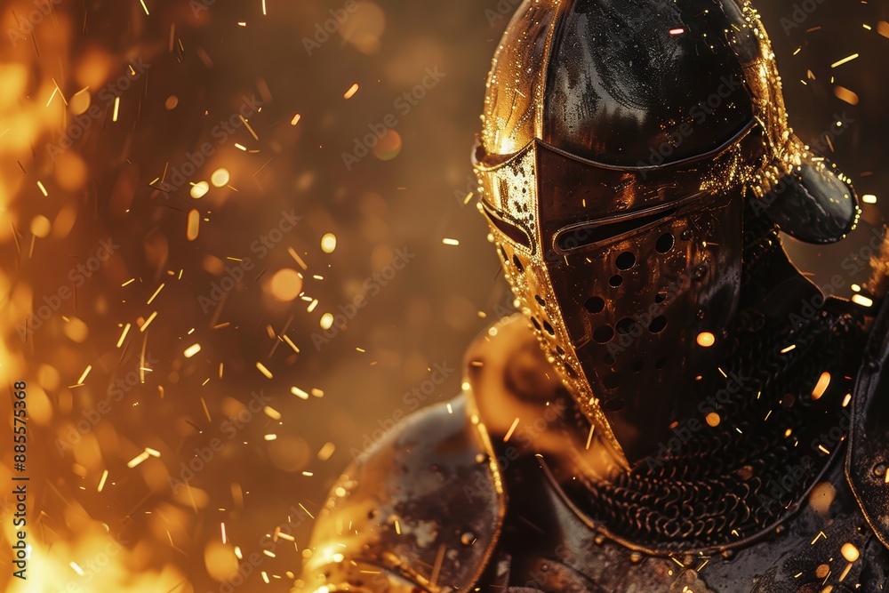 Knight Surrounded Medieval knight in shining armor, surrounded by flames and sparks ...