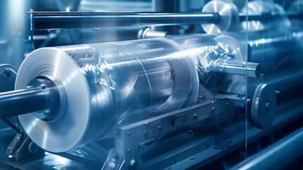 Poster - the operation of automatic plastic bag production machine with lighting effect. close-up of the roll