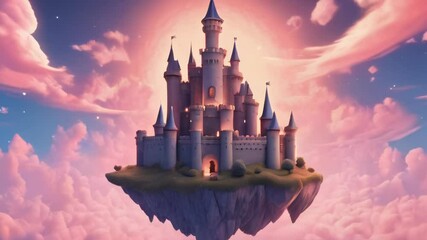 Poster - magic fantasy castle in pink sunset lights