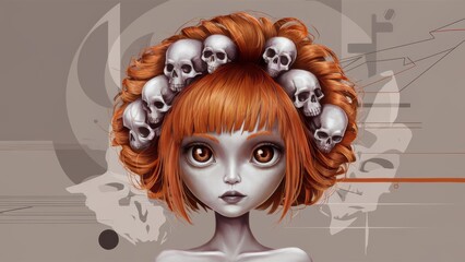 Sticker - A drawing of a girl with red hair and skulls on her head, AI