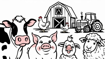 Wall Mural - A drawing of a farm with chickens, sheep and pigs, AI