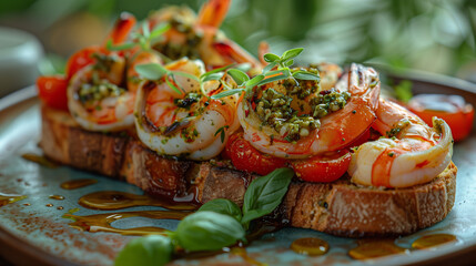 Wall Mural - Aromatic bright bruschetta with pesto, cherry tomatoes, shrimp on a beautiful plate