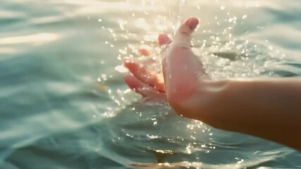 Poster - Woman's Hand Touches Water at Sunset Generative AI