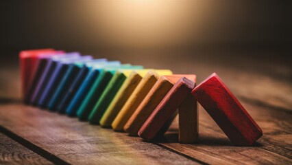 Poster - A rainbow colored dominoes on a wooden table with the colors of red, yellow and green, AI