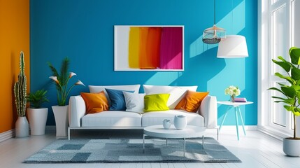 Poster - Modern living room interior design with vibrant colors and stylish furniture. Bright blue and orange walls with abstract art. Contemporary feel with cozy appeal. Perfect for home decor inspiration. AI