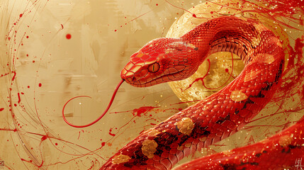 red snake on golden background, suitable for chinese New Year greetings in the Year of the Snake. background image with space for copy