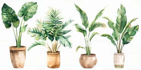 Wall Mural - Row of potted plants with different sizes and shapes. House plants are arranged in a row, with some taller and some shorter