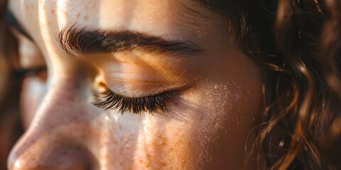 Wall Mural - A woman with brown hair and brown eyes. The woman has a light brown eye shadow on her eyelashes