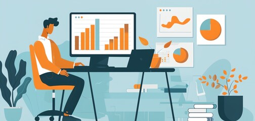 Poster - A man is sitting at a desk with a computer monitor and laptop. He is working on a project with graphs and charts on the wall behind him. The room is well-lit and organized, with a potted plant