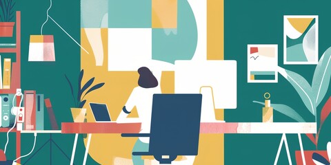 Poster - A woman is sitting at a desk with a laptop and a potted plant. The room is decorated with a variety of books and a vase. Scene is that of a cozy and comfortable workspace