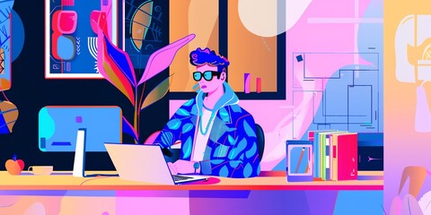 Poster - A man is sitting at a desk with a laptop and a potted plant. He is wearing sunglasses and he is working. The room has a colorful and vibrant atmosphere, with a mix of different colors and patterns