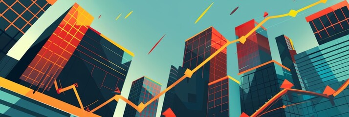 Poster - A city skyline with a red and yellow line going through it. The line is a graph that shows the growth of the city