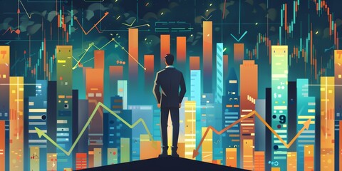 Poster - A man stands on a rooftop looking out over a cityscape with buildings and a skyline. The image has a futuristic and urban feel to it, with the man's suit and the city's architecture