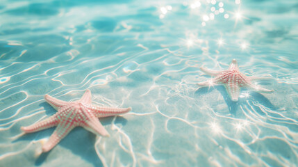 Wall Mural - Summer background. Blue water surface with highlights and ripples on top with two starfish