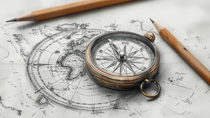 an antique compass resting on a hand-drawn world map with pencils. generative ai